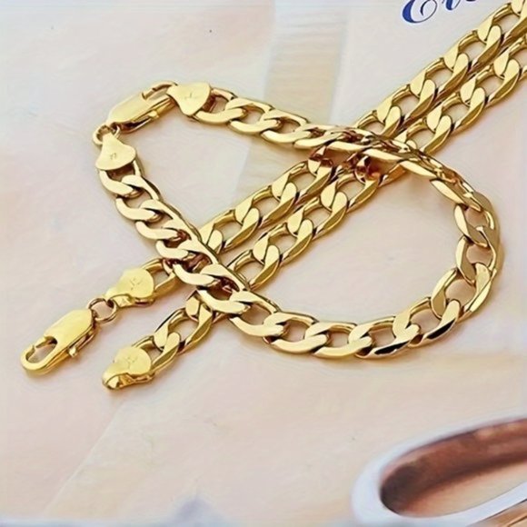 2pcs 18k Golden Plated Cuban Chain - Stylish Fusion of Bracelet and Necklace - Picture 6 of 8